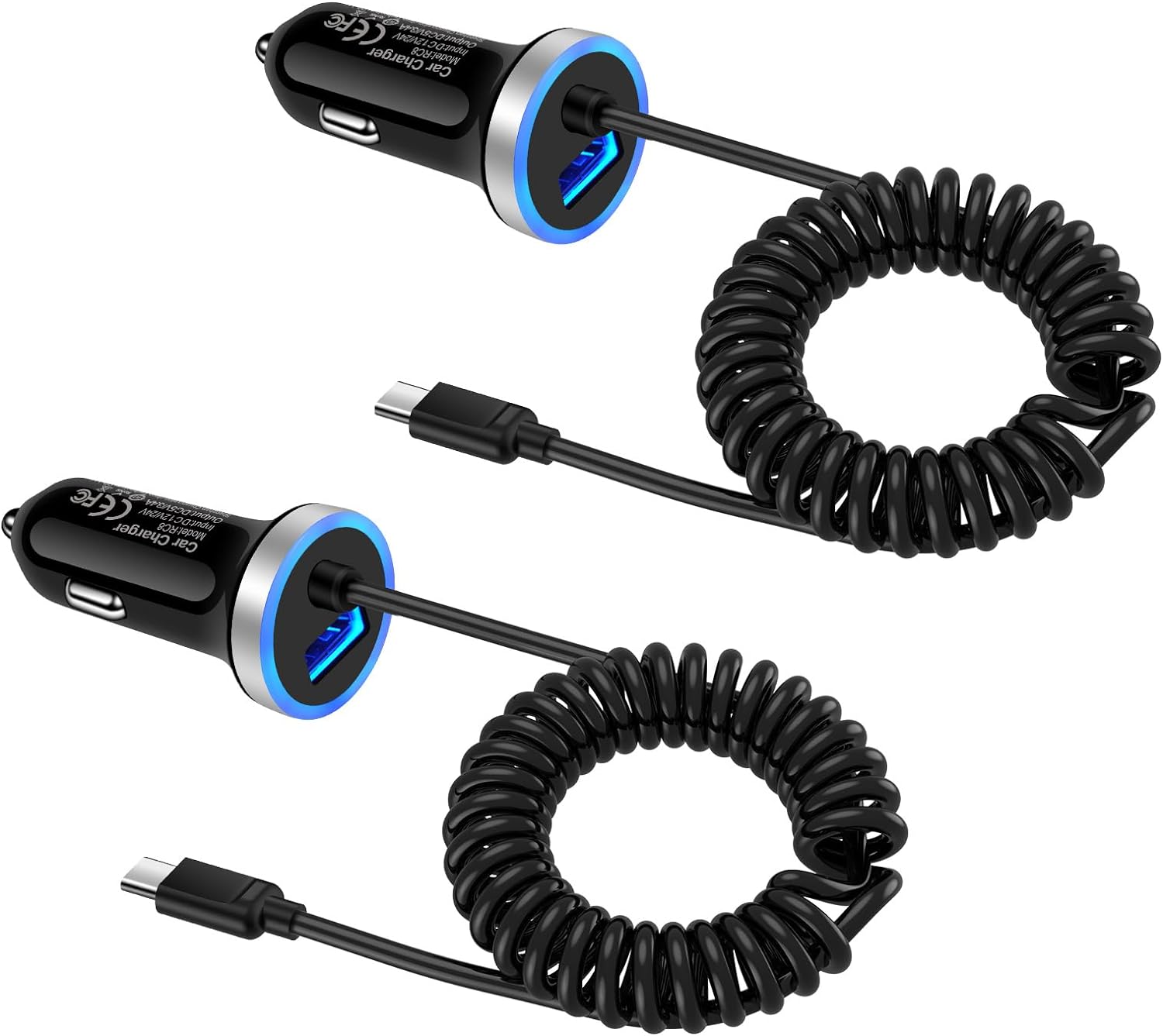 Dual USB-C car charger with built-in coiled cable