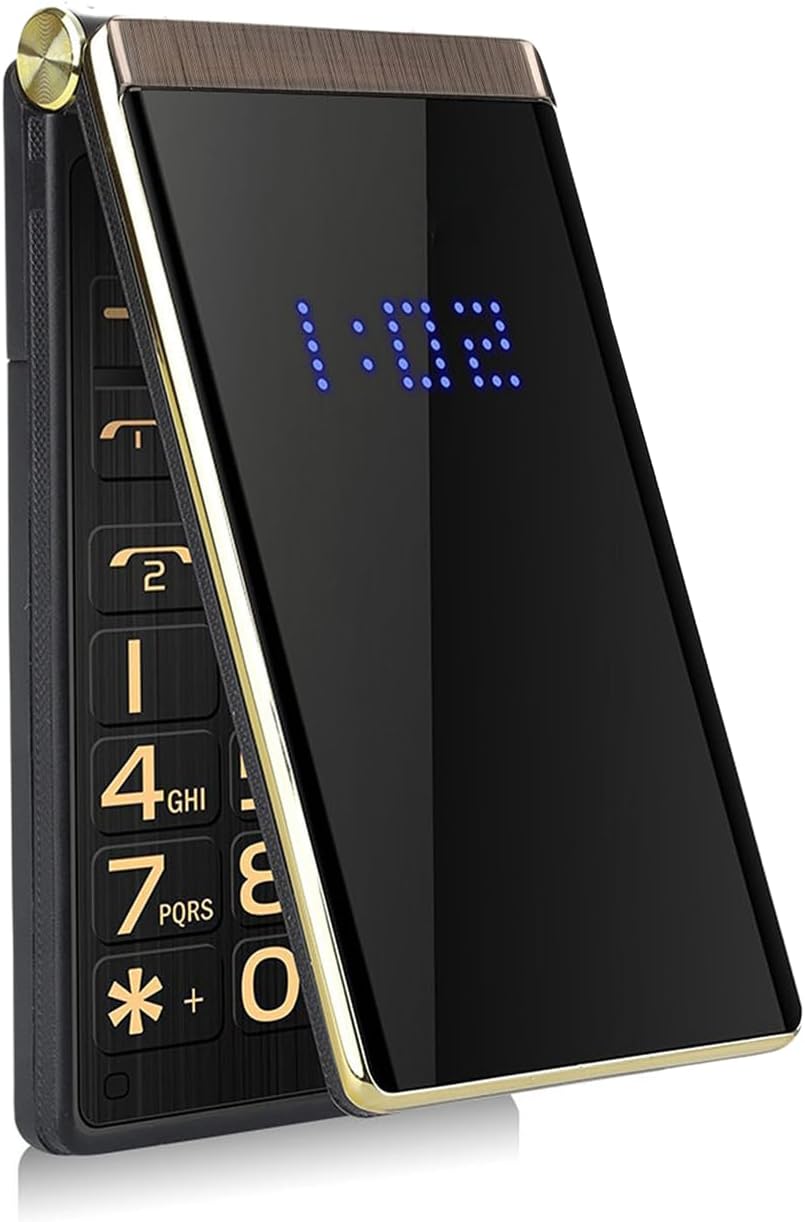 Senior flip phone with HD screen, durable design, large keys, stereo sound, LED flashlight.