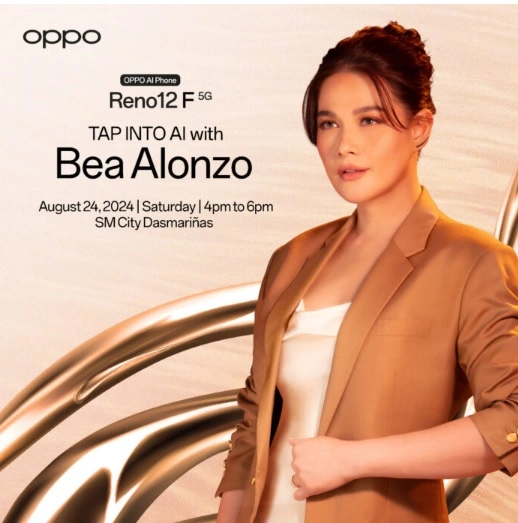 Bea Alonzo holding the OPPO Reno12 F 5G smartphone at a promotional event