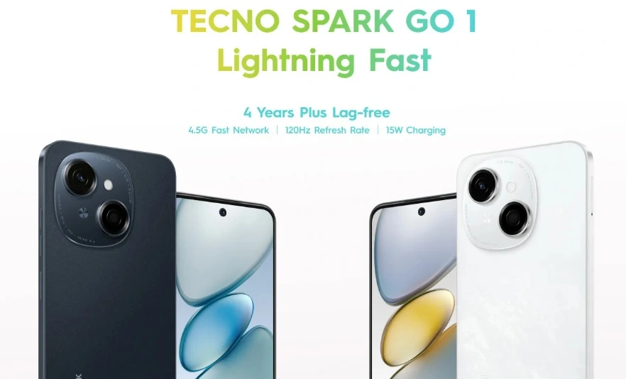 Tecno Spark Go 1 budget smartphone showcasing 6.67-inch HD+ display and dual rear cameras.